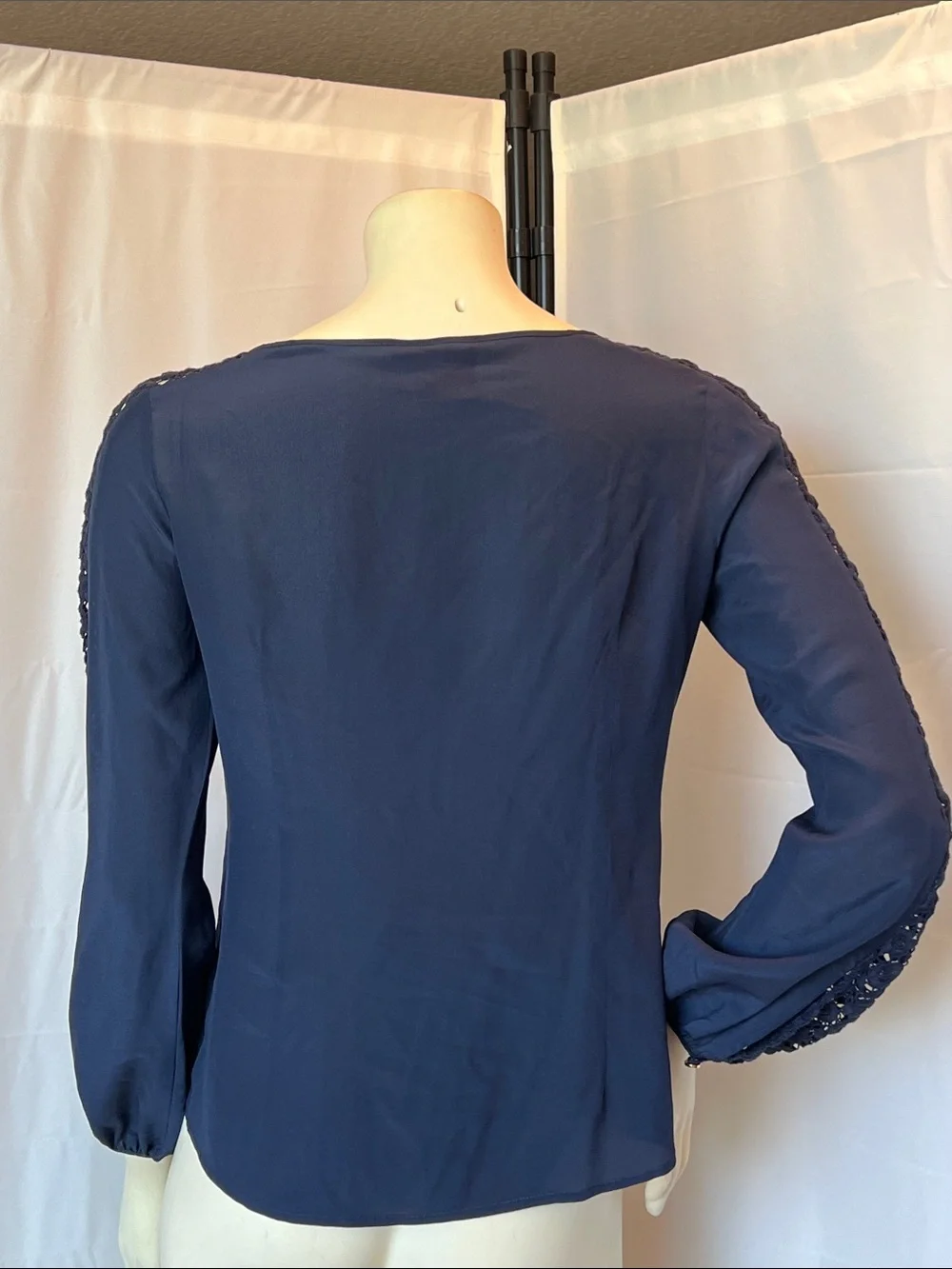 Tory Burch Navy Lace-Panel Long Sleeve Blouse